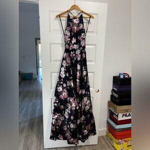 B. Smart Navy Floral Halter Prom Dress with Pink & White Flowers